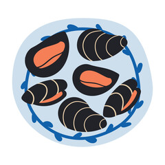 Mussels on plate isolated on white background, Fresh New Zealand mussels on illustration vector isolated on white background. Asian or Mediterranean sea food
