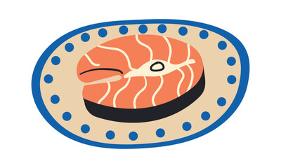 Grilled salmon fillet fish on plate. Cooked tuna steak . Cartoon vector sea food illustration isolate on white .