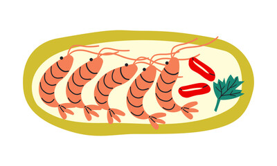 Set of shrimp tempura shrimp on plate for Asian or Mediterranean fast food and takeaway restaurants . Hand drawn illustration isolate on white .
