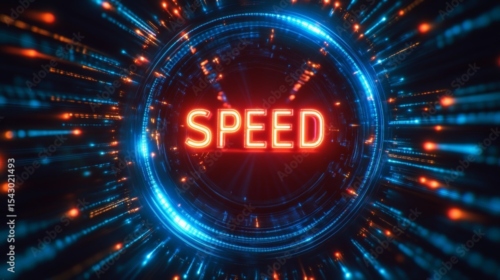 Poster futuristic speedometer displaying high-speed data flow with abstract circles and visual effects