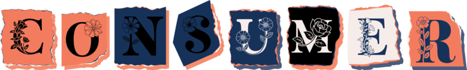 CONSUMER Floral Typography of a Concept Word � Elegant Torn Paper Letter Design