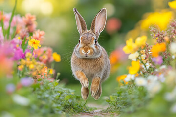 Obraz premium Generative ai image of adorable rabbit hiding in tall green grass with curious expression in peaceful summer nature environment