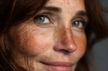 Obraz premium Close-up portrait mature woman with no makeup, showing natural skin texture, wrinkles. Middle-aged female face, brown hair. Natural beauty, aging skin, menopause concept. Healthy lifestyle, skincare,
