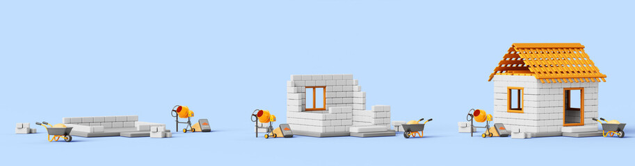 House construction process. Animation sequence building works from foundation, block walls to wood roof. Construction site 3d set with concrete mixer, cement bag, wheelbarrow, sand. 3D illustration