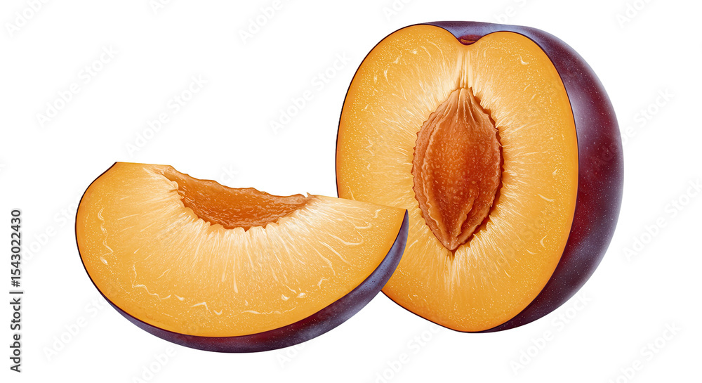 Poster freshly cut ripe plum with a slice showing the seed against a dark backdrop