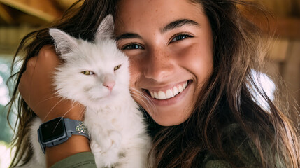Chip Your Pet month, a young woman smiles while cuddling a white cat after it was microchipped. A young woman hugs a cat affectionately. AI generated images.