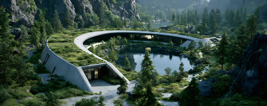 Green data center cooling. Sustainable cooling system powered by renewable energy sources. Eco-friendly building with green roof, surrounding landscape. Modern futuristic design concept. Eco data