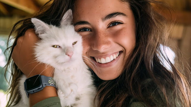 Chip Your Pet month, a young woman smiles while cuddling a white cat after it was microchipped. A young woman hugs a cat affectionately. AI generated images.