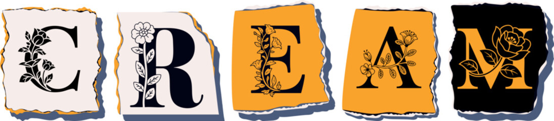 CREAM Floral Typography of a Concept Word � Elegant Torn Paper Letter Design