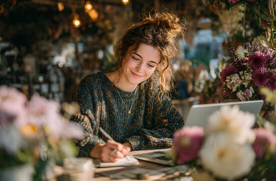 Young female florist using laptop at flower shop counter. Smiling woman browsing online, taking orders, managing e-business. Small business owner at workplace. Modern tech, retail, small business