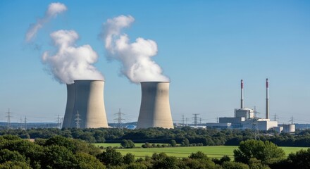Nuclear Power Plant Cooling Towers Under Blue Sky