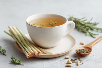 Aromatic lemongrass tea served rustic cup with fresh herbs and stalks, evoking warmth