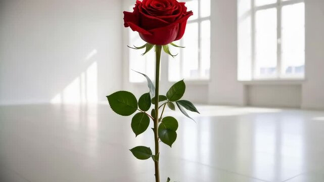 Single red rose standing tall with stem and green leaves in a bright, clean, white, airy, minimalistic room with shiny white floor and large windows