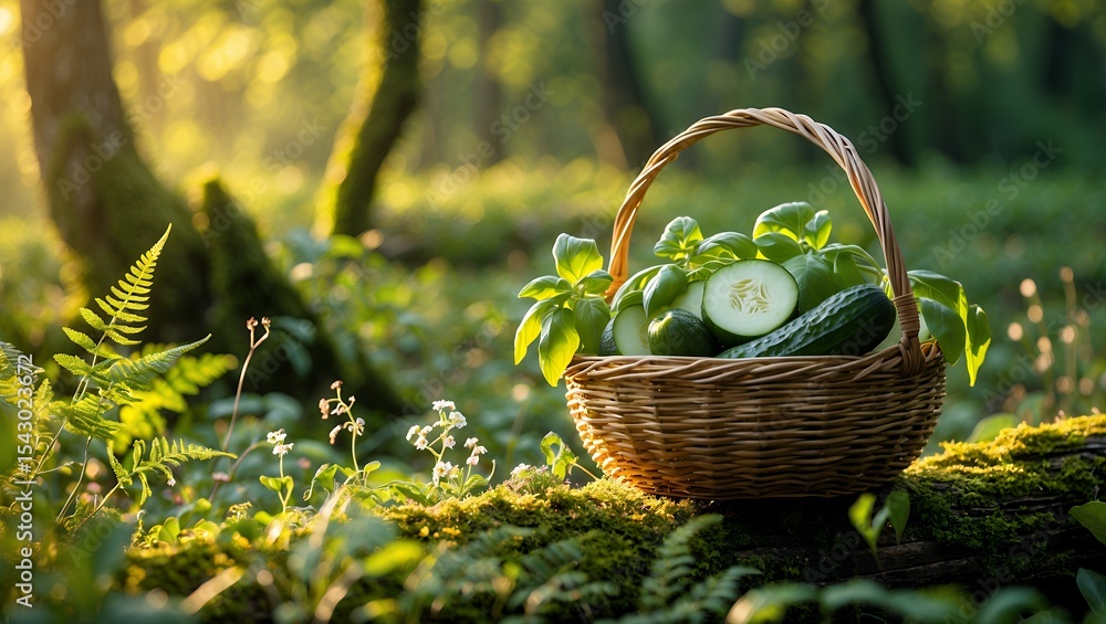 Poster basket with fresh cucumbers and basil in a forest setting