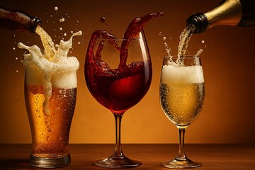 Beer, red wine, and champagne are being poured into three different glasses with dramatic splashes