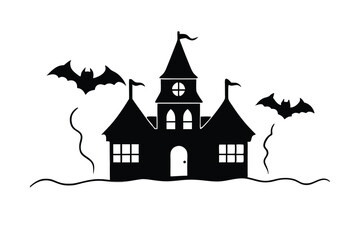 Spooky Mansion Illustration with Bats and Foggy Atmosphere