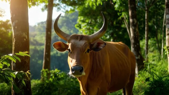 Majestic brown banteng with curved horns grazes in lush green rainforest, dappled sunlight filtering through dense jungle trees and foliage