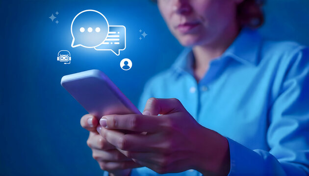 Mobile Messaging Communication – Woman Using Smartphone with Digital Chat and Notification Interface