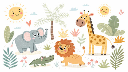 Naklejka premium kids set of animals doodle set hand drawn 