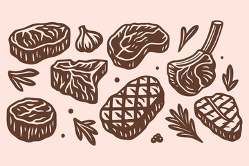 Meat steaks and herbs hand drawn sketch vector illustration