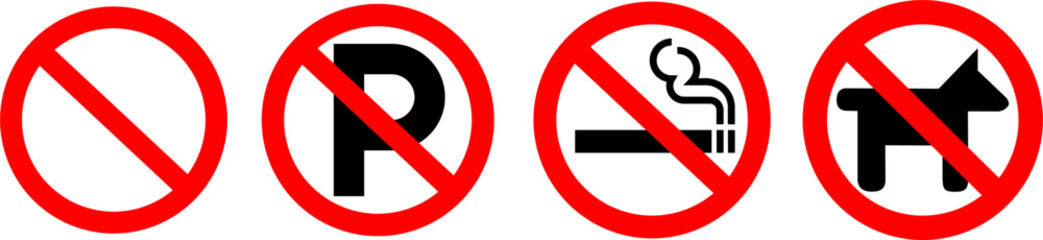 general prohibition, no smoking, no parking, and no dog signs isolated on white background.  
