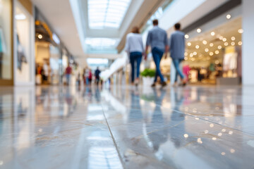Blurred view of shoppers walking in shopping mall, reflecting the bustling retail atmosphere. The sunlight illuminates the scene