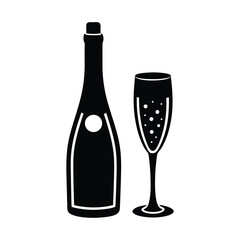 Champagne bottle and flute silhouette graphic design.
