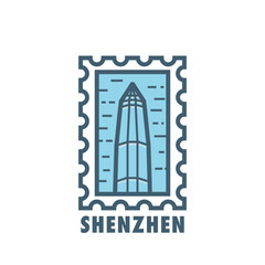 Vector stamp of Shenzhen, China skyscraper, tower, landmark, city symbol. Thin line pictogram, skyline emblem, logo, icon graphic. Flat, blue, cool