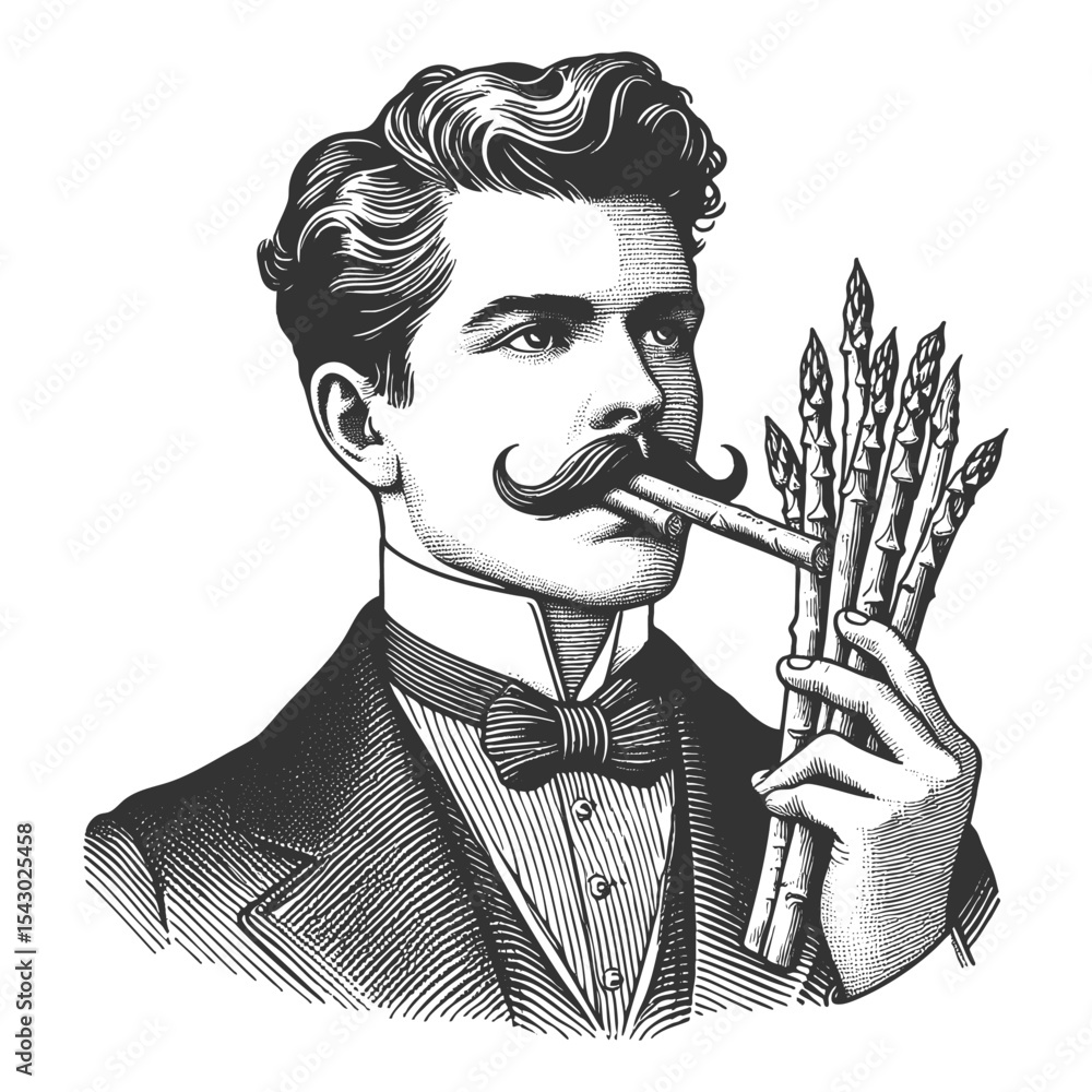 Poster man gripping asparagus stalks in his mouth sketch engraving generative ai fictional character vector