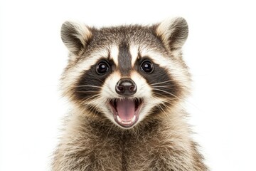 Fototapeta premium A Playful Raccoon with an Expressive Face Smiling Brightly Against a Solid White Background, Showcasing Its Adorable Features and Engaging Personality