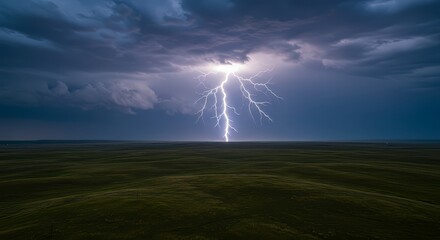 Lightning Strike Over Green Field Under Stormy Sky