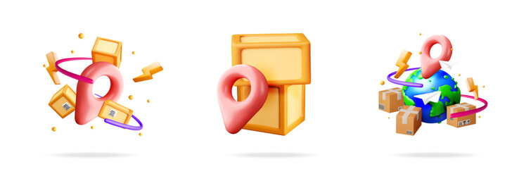 Shipping location pin 3d icon for delivery service. Fast parcel transfer with cardboard box. Global logistics.