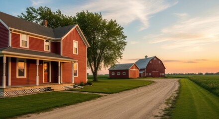 Rural Farmland Landscape With Farmhouses and Red Barns