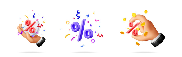 Male hand holding percentage symbol with confetti, percentage sign with confetti, and hand catching percentage sign with coins. Discount and promotion concept.