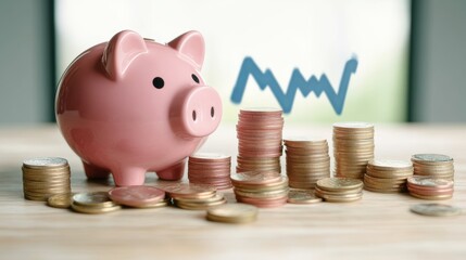 Financial Growth Concept with Piggy Bank, Coin Stacks, and Upward Trend Chart for Investment