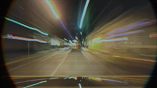4K High-speed night drive POV with motion blur and light trails, vintage CRT-style lens and analog distortion for motion graphics overlay, screen mode, retro urban dashcam aesthetic
