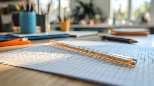transparent ruler and grid paper in a modern study space . - Powered by Adobe