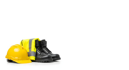 Yellow Hard Hat, Neon Safety Vest, and Steel-Toe Boots on White Background – Lower-Left Composition with Empty Space for Text, Ideal for Construction Safety, Workplace Training, or Branding Use