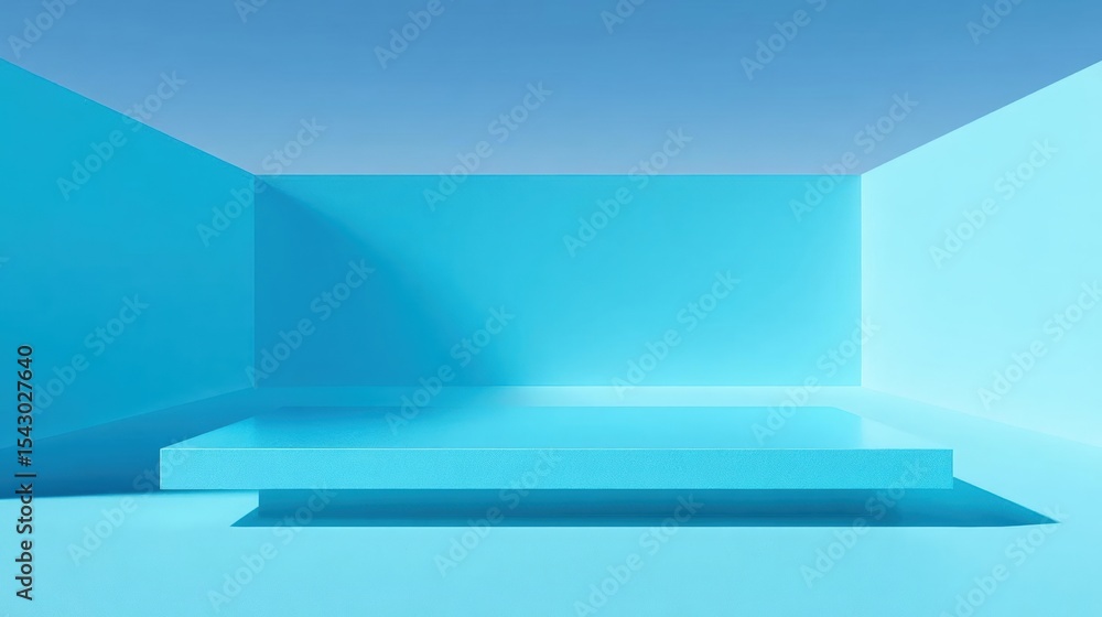 Poster 3d rendering of an empty room with a blue color scheme. the walls and floor are made of a light blue