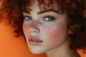 Stunning Portrait of a Young Woman with Freckles and Curly Hair Against a Vibrant Orange Background, Highlighting Her Striking Features and Natural Beauty.