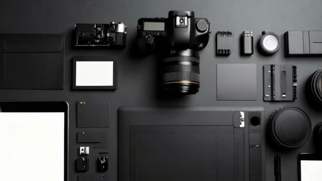Flat lay studio shot featuring photography and graphic design equipment on a black surface, highlighting cameras, lenses, tablet, and graphic tablet.