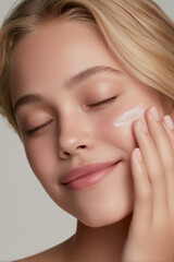 Obraz premium A woman applying cream, eyes closed, showing pure contentment on a light background