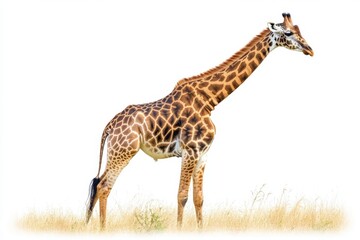A Tall and Graceful Giraffe Stands Majestically in the Savanna, Showcasing Its Unique Patterns and Features Against a Clear White Background
