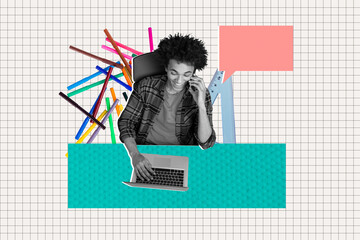 Composite artwork photo collage trend template of young man talk smartphone type laptop elearning...