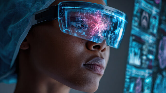 A close-up of an African American woman surgeon, physician, or patient looking over futuristic medical charts while wearing augmented reality or virtual reality glasses. Science Animations, Brain,