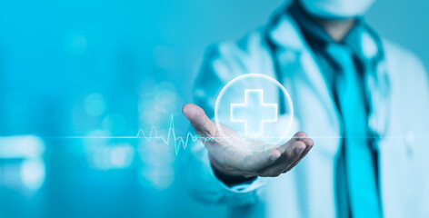 Doctor Holding Glowing Cross and Heartbeat Line for Medical Care and Vitality