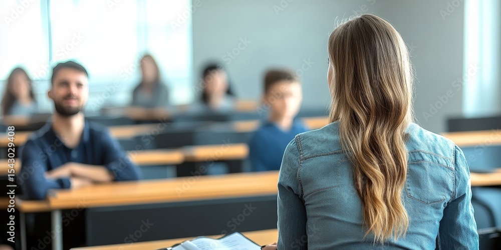 Aufkleber students in a university classroom engaged during a lecture with a teacher presenting material