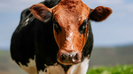 Close-up view of a cow on farmland showcasing vibrant colors and detailed textures in natural light