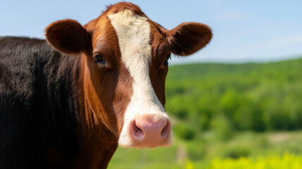 Close-up view of a cow on vibrant farmland under natural lighting