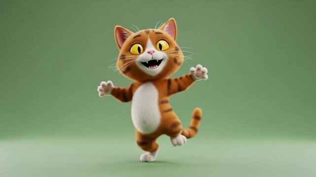 Animated playful orange cat dancing joyfully on a green background in multiple frames